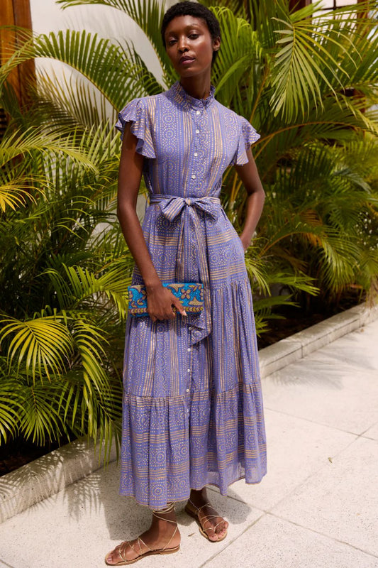 Oliphant Helene Ruffle Collar Button Maxi - Blue