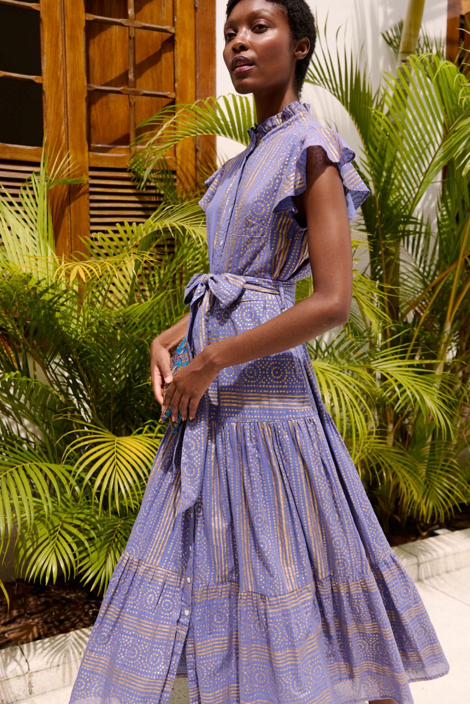 Oliphant Helene Ruffle Collar Button Maxi - Blue