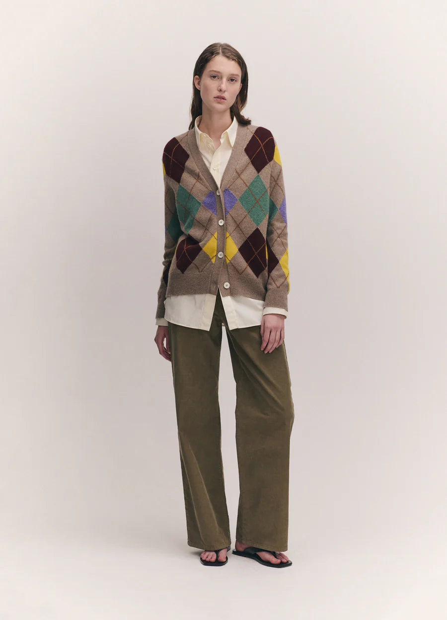 &Daughter Argyle Grandad Cardigan - Dark Natural/Yellow