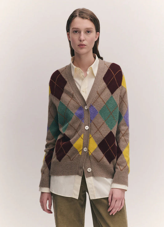 &Daughter Argyle Grandad Cardigan - Dark Natural/Yellow