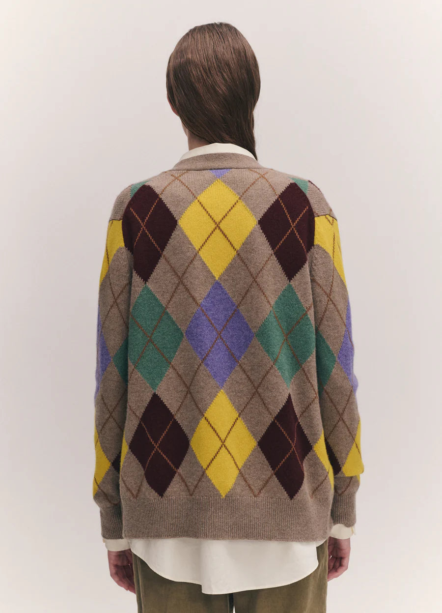 &Daughter Argyle Grandad Cardigan - Dark Natural/Yellow