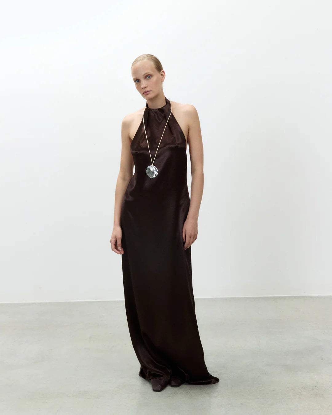 Alysi Long Satin Halter Dress - Chocolate