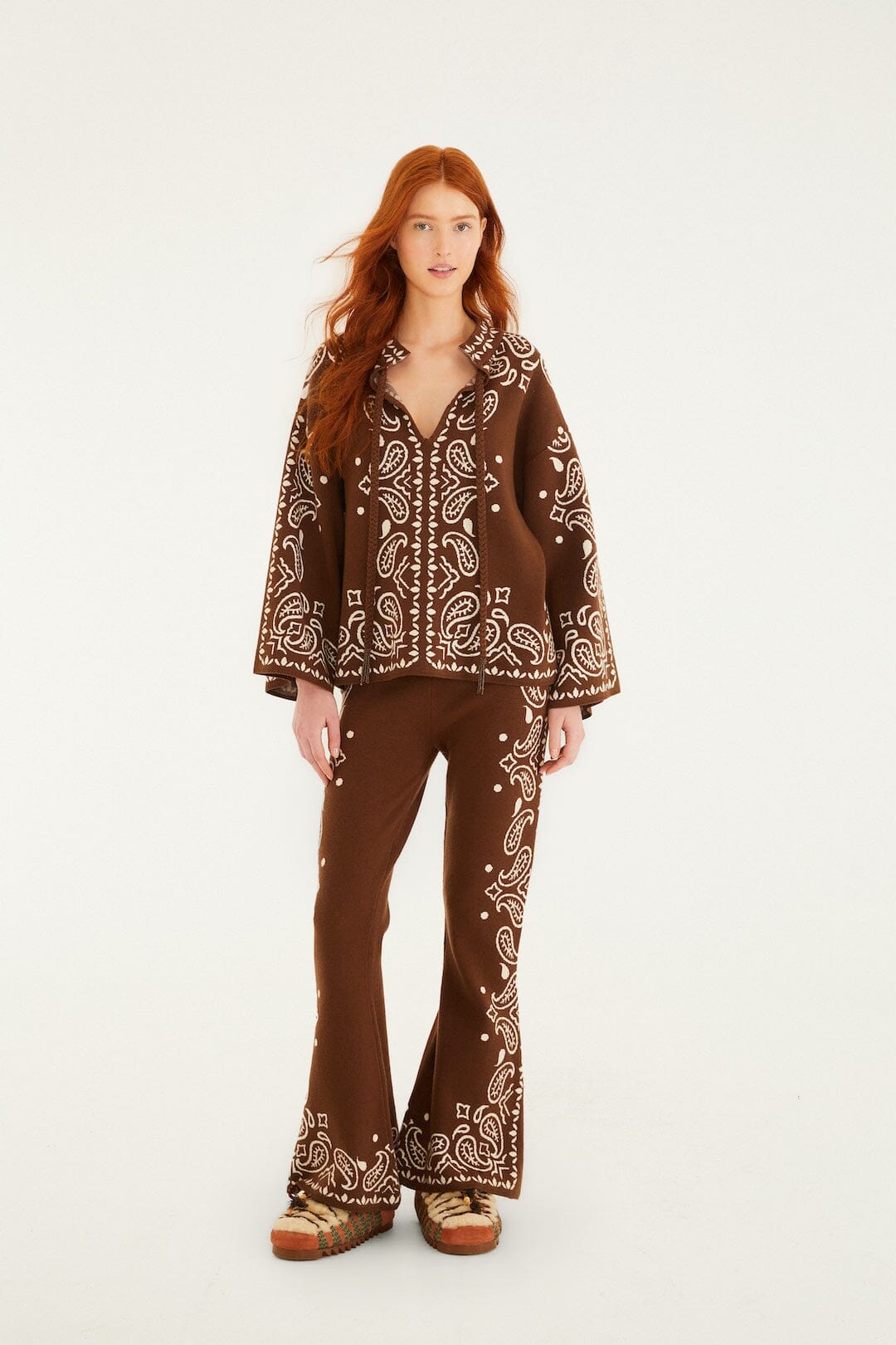 Farm Rio Bohemian Paisley Beaded Rope Knit Sweater - Brown