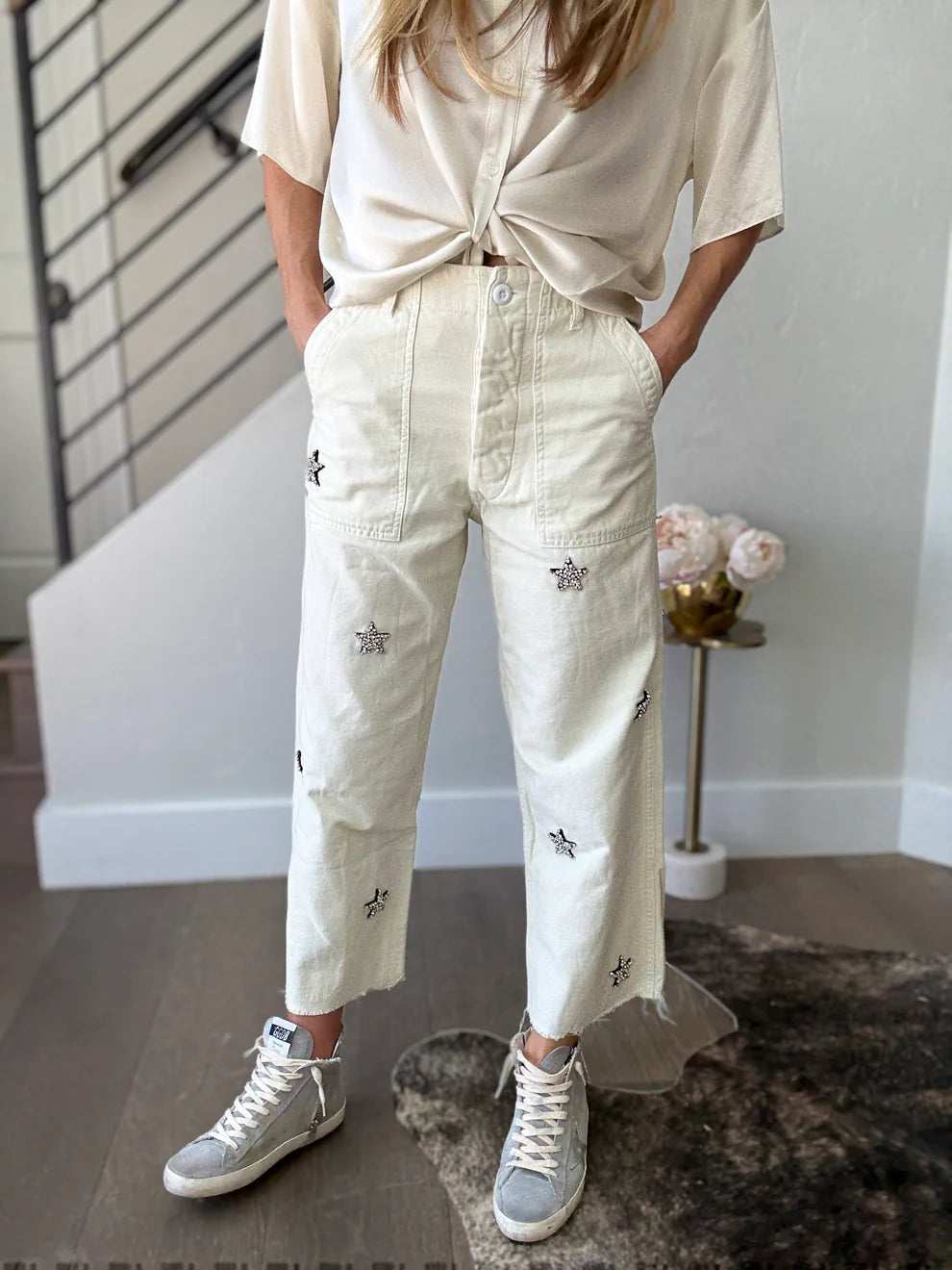 Rank & Sugar Rhinestone Star Utility Pant - Off White