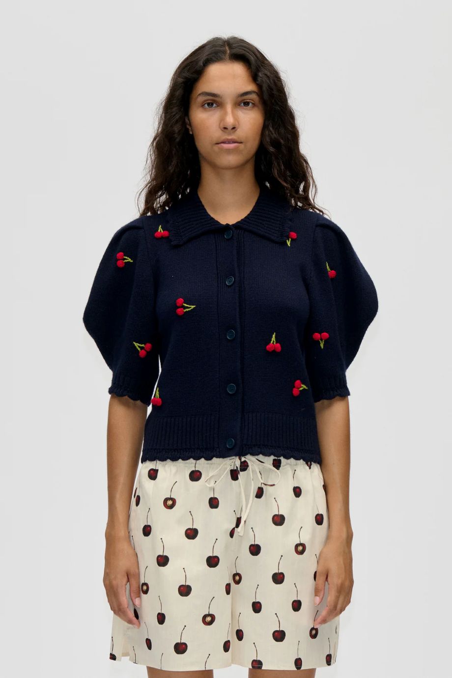 Stine Goya Cherries Bobble Knit Polo Cardigan - Navy