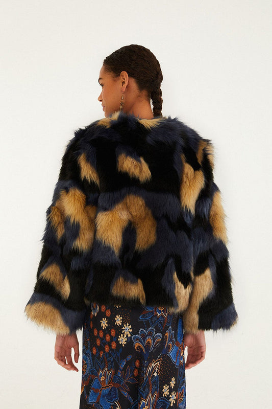 Farm Rio Multicolor Faux Fur Coat - Blue