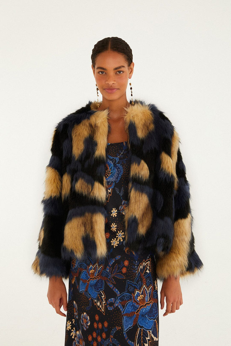 Farm Rio Multicolor Faux Fur Coat - Blue