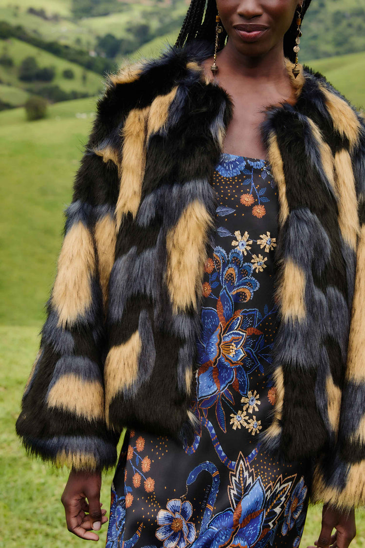 Farm Rio Multicolor Faux Fur Coat - Blue