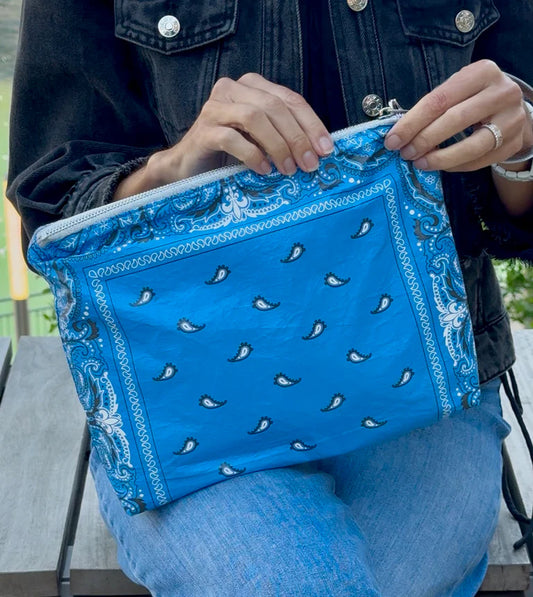 Hi, Love Medium Zipper Pouch - Sky Blue Bandana