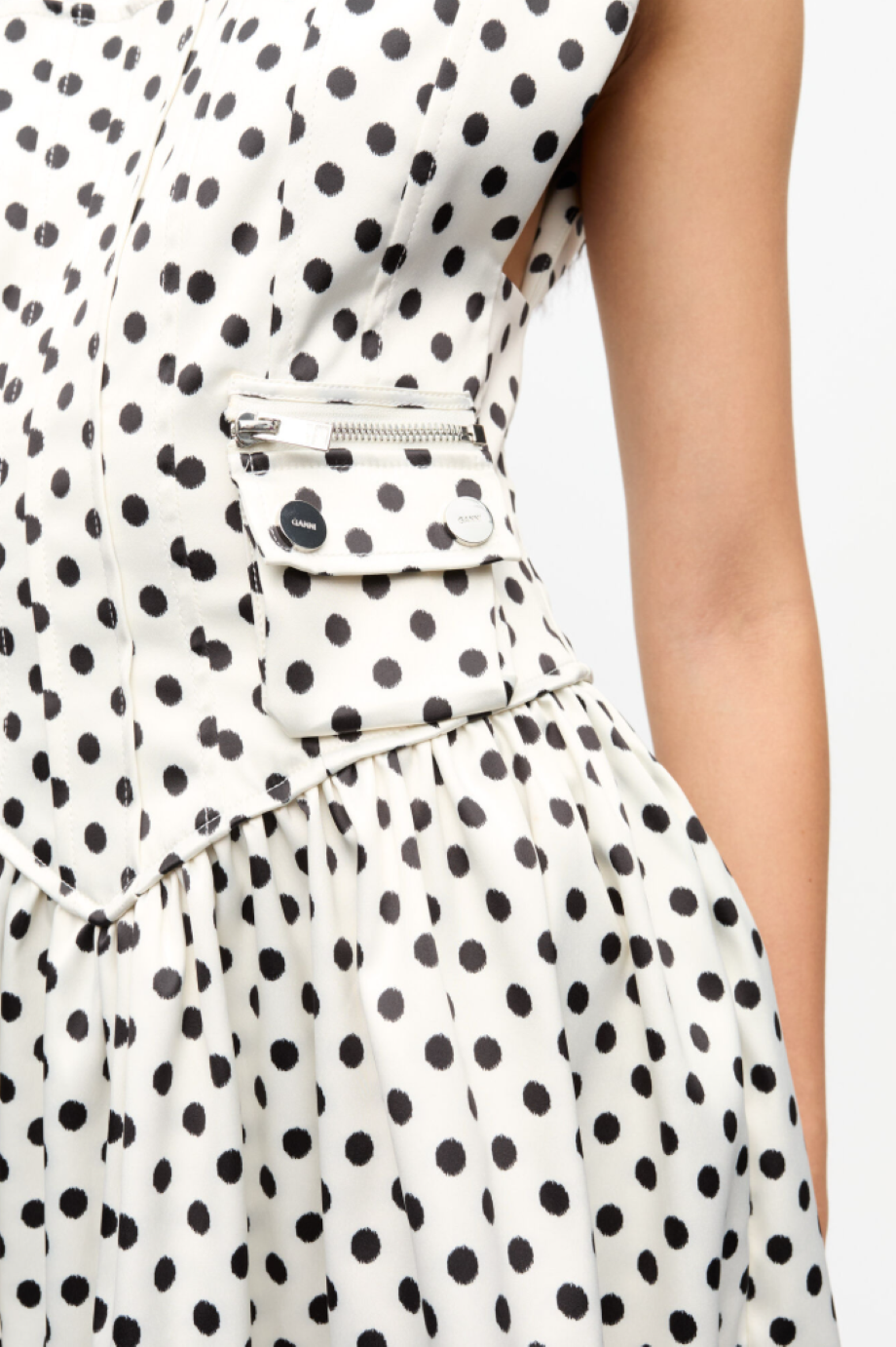 Ganni Polka-Dot Satin Mini Corset Dress - Egret