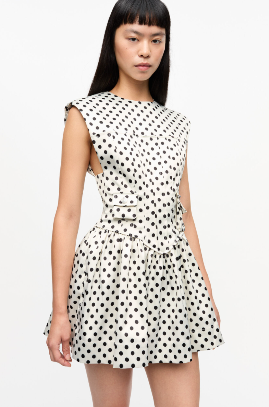 Ganni Polka-Dot Satin Mini Corset Dress - Egret