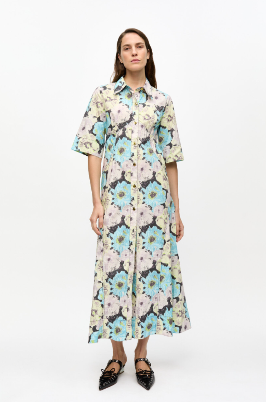 Ganni Floral Printed Cotton Long Shirt Dress - Multicolor