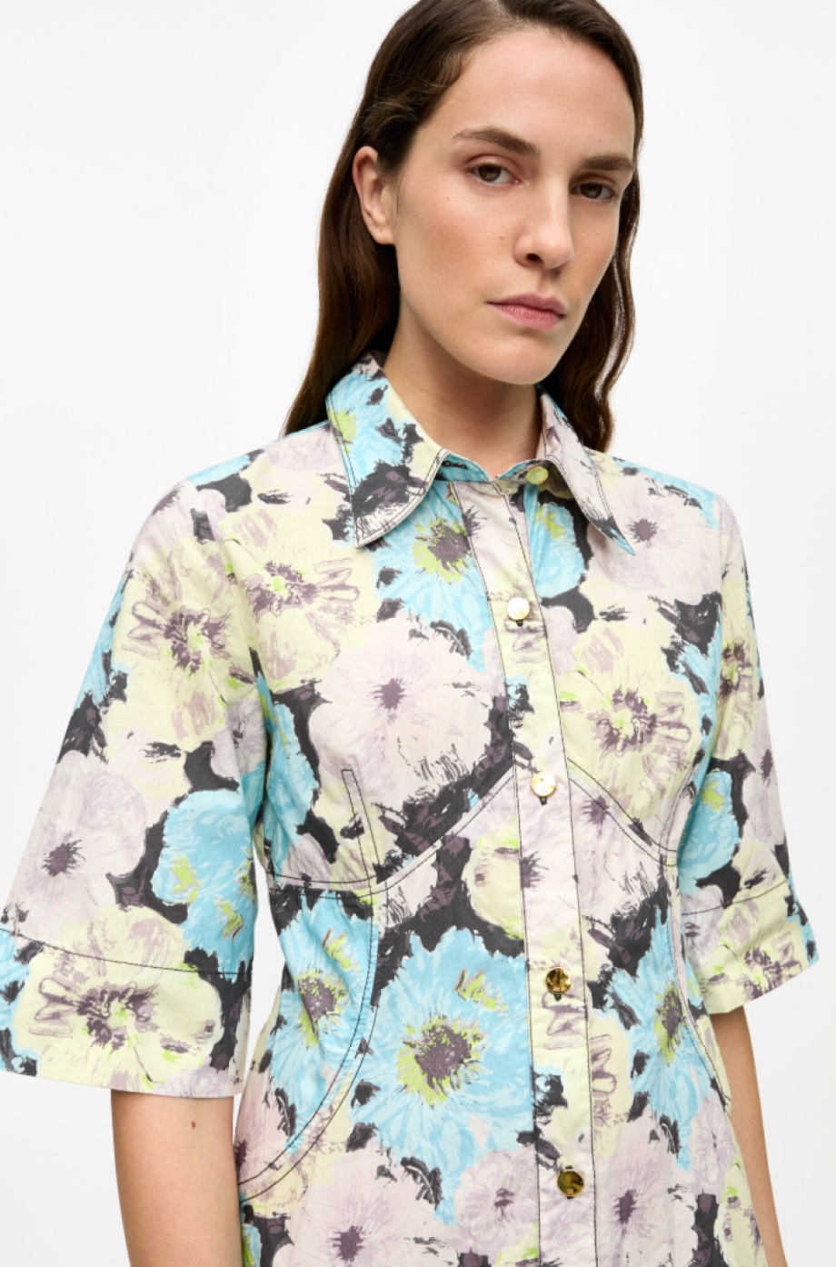 Ganni Floral Printed Cotton Long Shirt Dress - Multicolor