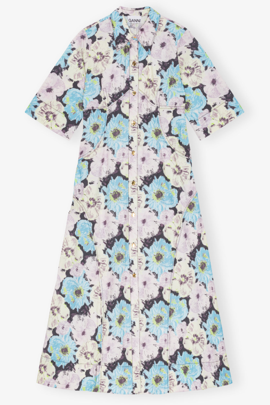 Ganni Floral Printed Cotton Long Shirt Dress - Multicolor