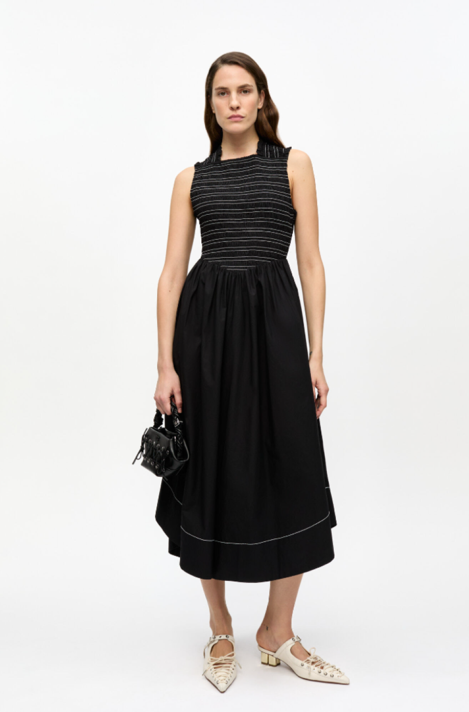 Ganni Washed Stretch Cotton Smock Midi Dress - Black