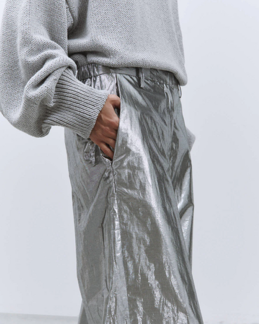 Alysi Lightweight Shiny Palazzo Pant - Silver