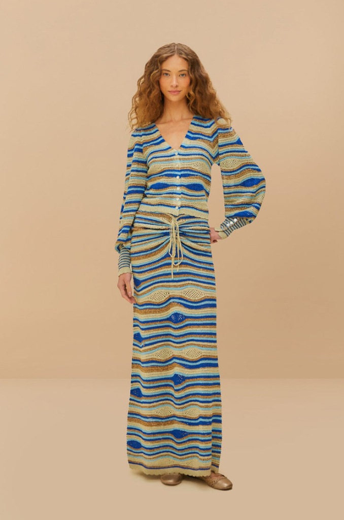 Farm Rio Mixed Waves Knit Maxi Skirt - Blue