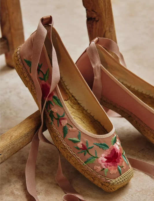 Penelope Chilvers Alegra Embroidered Satin Espadrille - Tea Rose