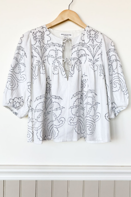 Emerson Fry Maeve Print Puff Isla Top - Off White