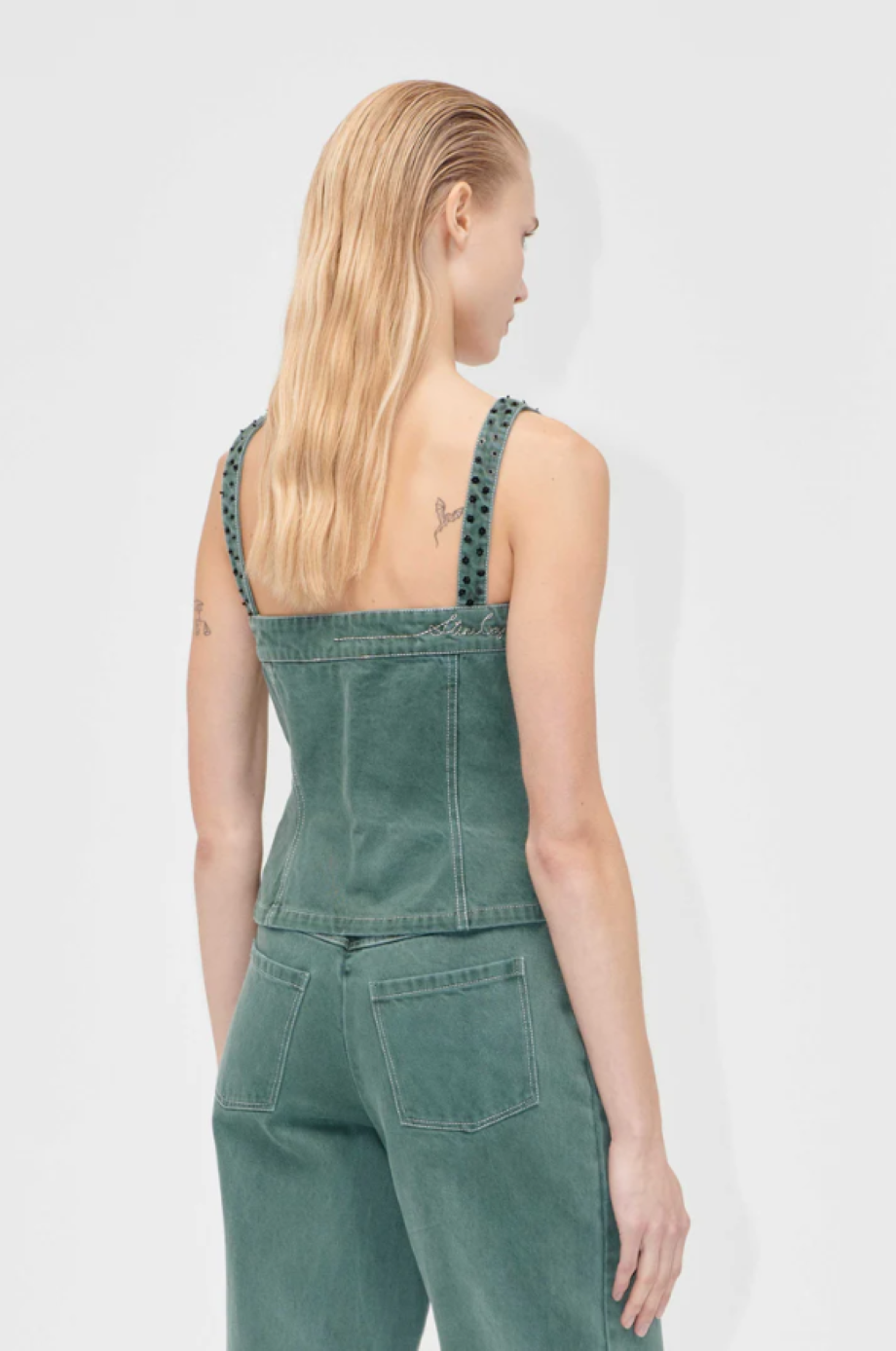 Stine Goya Scoopneck Denim Pockets Vest - Dark Green