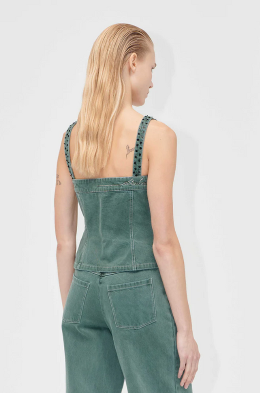 Stine Goya Scoopneck Denim Pockets Vest - Dark Green