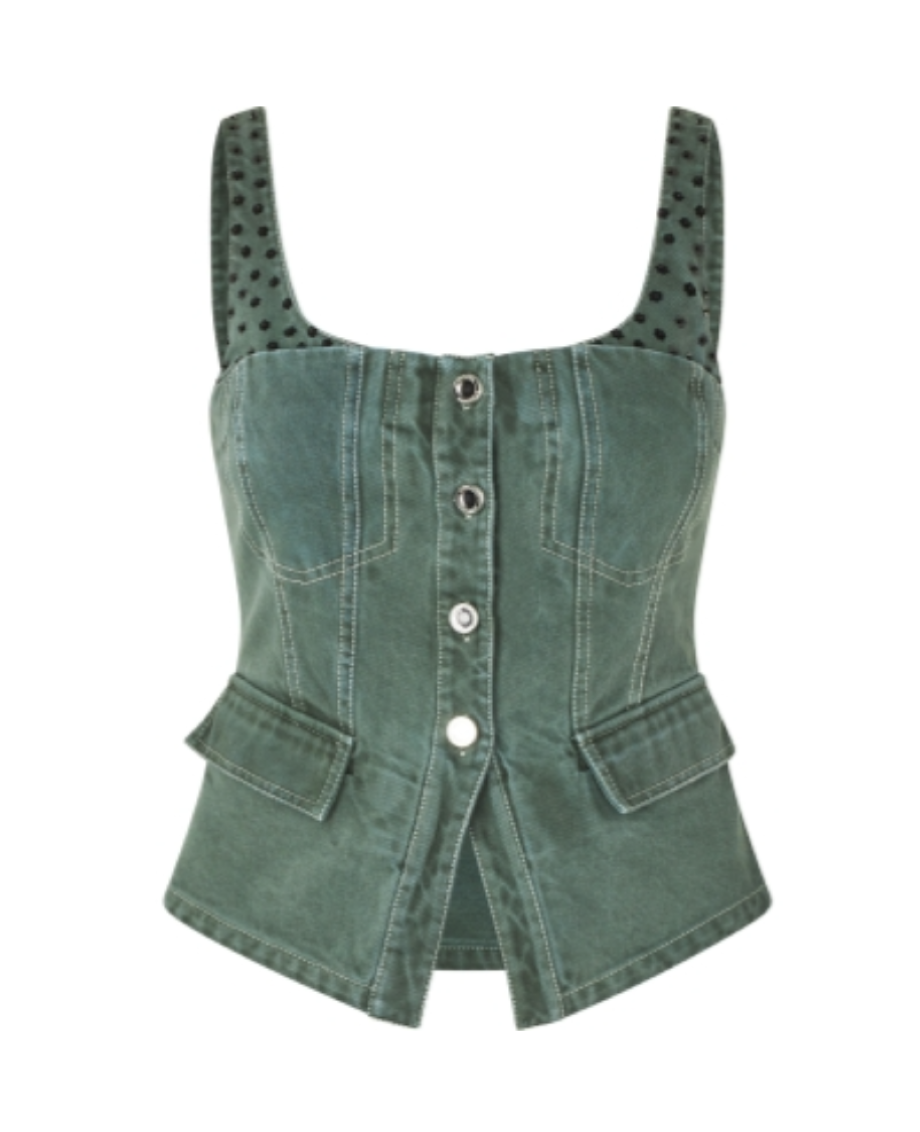 Stine Goya Scoopneck Denim Pockets Vest - Dark Green