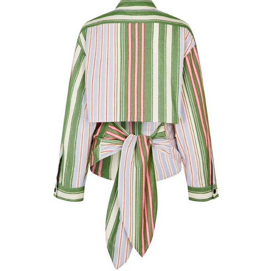 Stine Goya Striped Cotton Tie Back Boyfriend Shirt - Forest Stripe