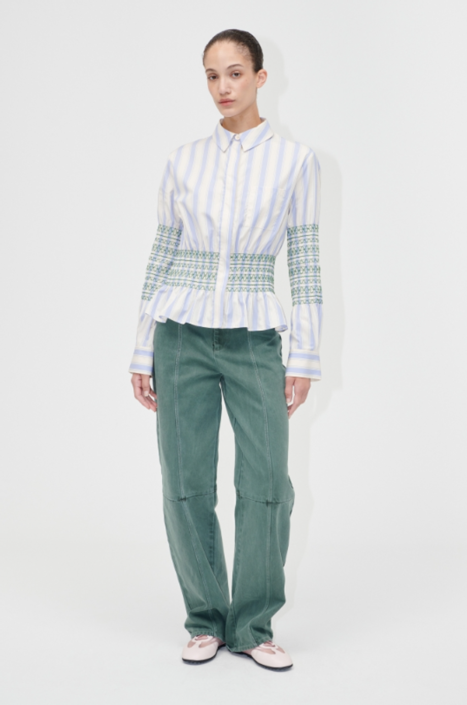 Stine Goya Structured Denim Pants - Dark Green