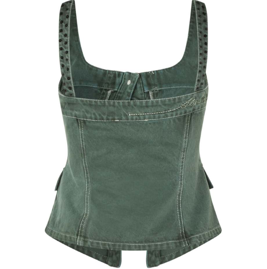 Stine Goya Scoopneck Denim Pockets Vest - Dark Green