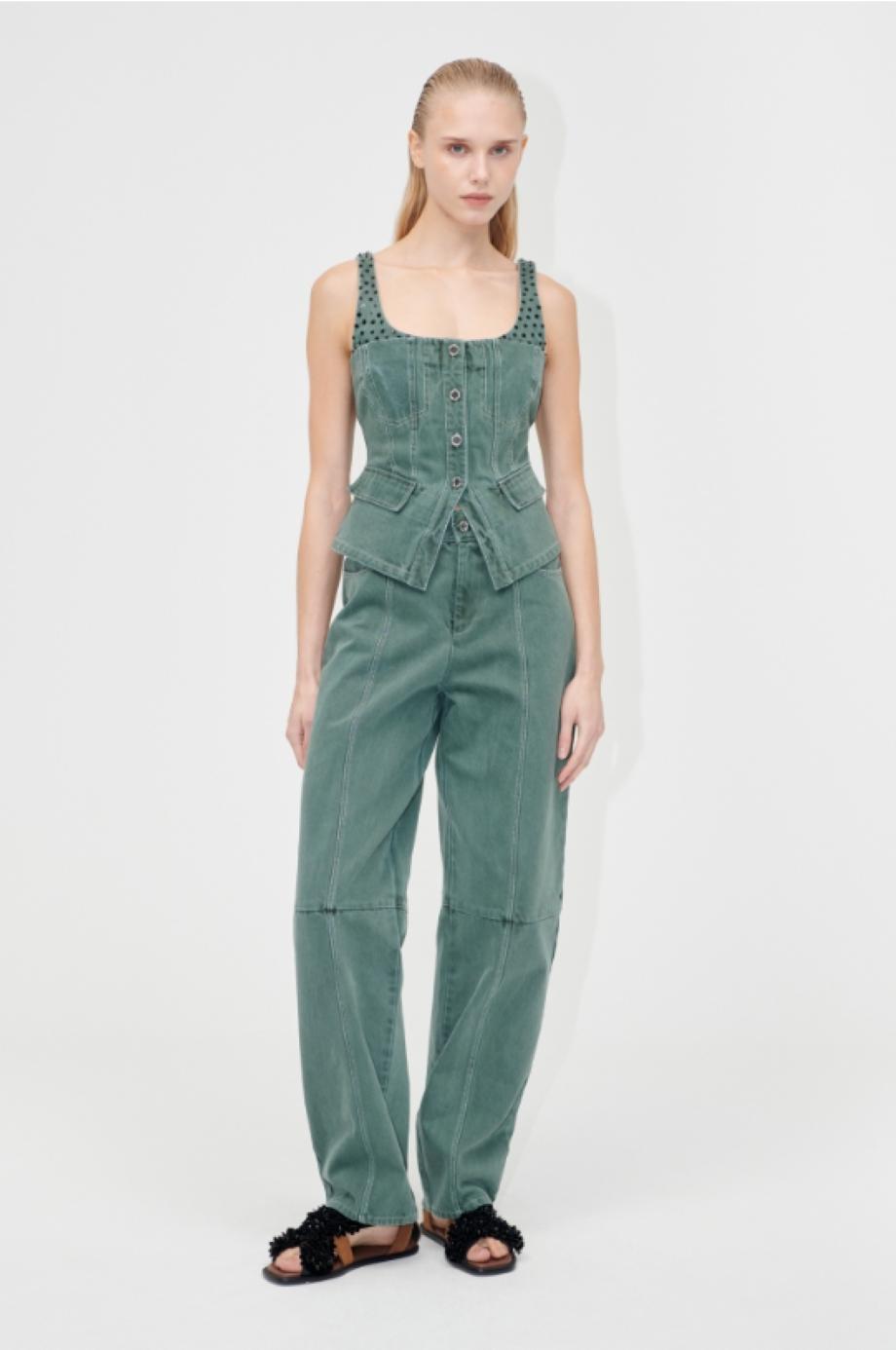 Stine Goya Scoopneck Denim Pockets Vest - Dark Green