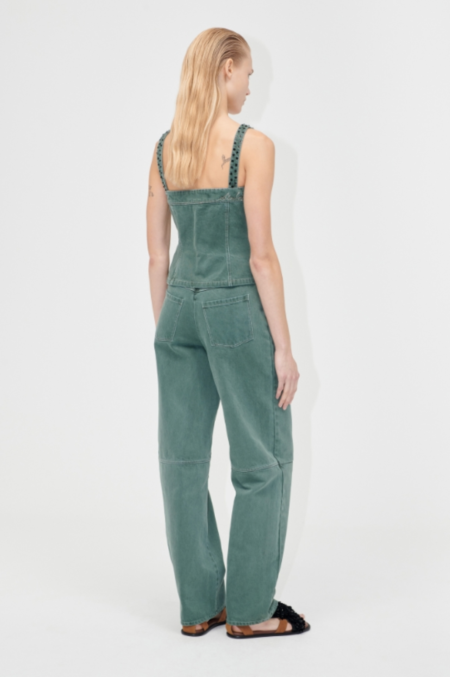 Stine Goya Scoopneck Denim Pockets Vest - Dark Green