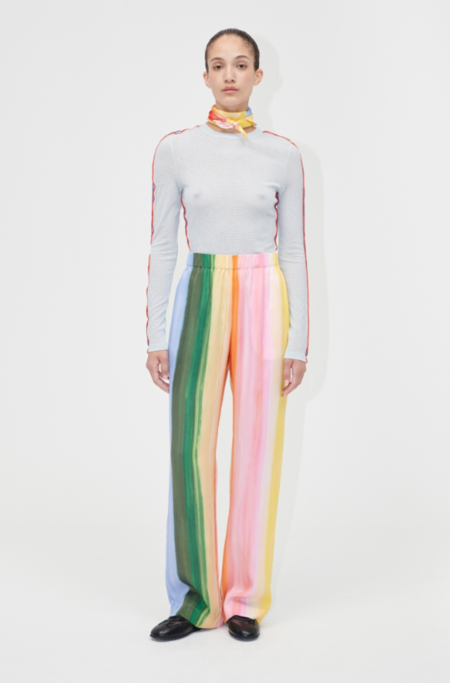 Stine Goya Sheer Stripe Rib L/S Crewneck Top - Light Blue