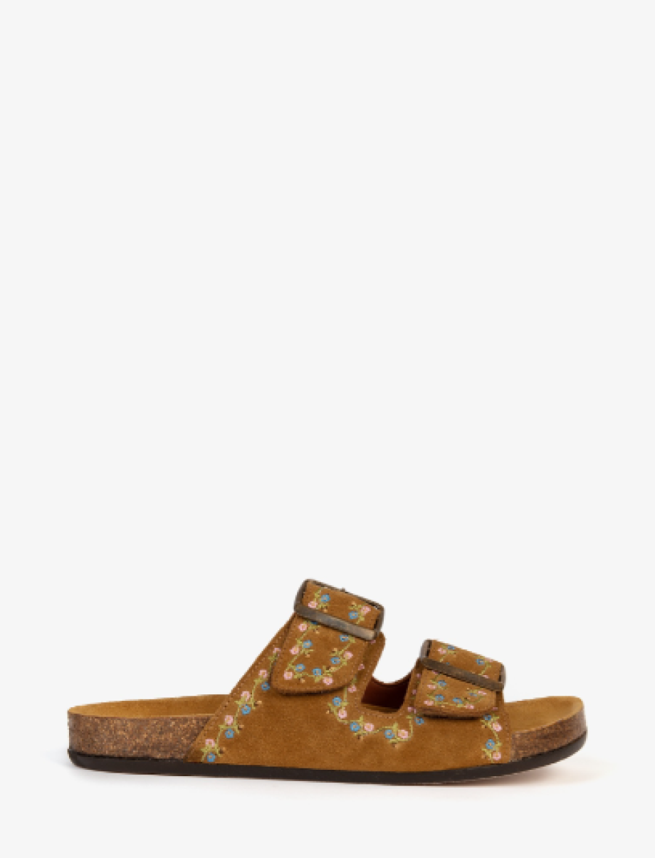 Penelope Chilvers Pool Suede Embroidery Slide - Tan