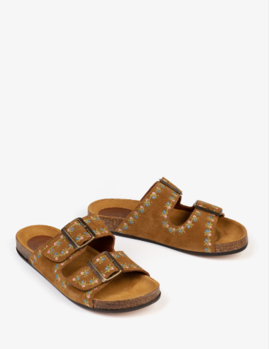 Penelope Chilvers Pool Suede Embroidery Slide - Tan