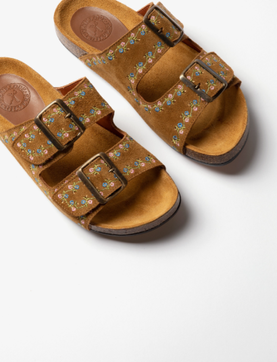 Penelope Chilvers Pool Suede Embroidery Slide - Tan