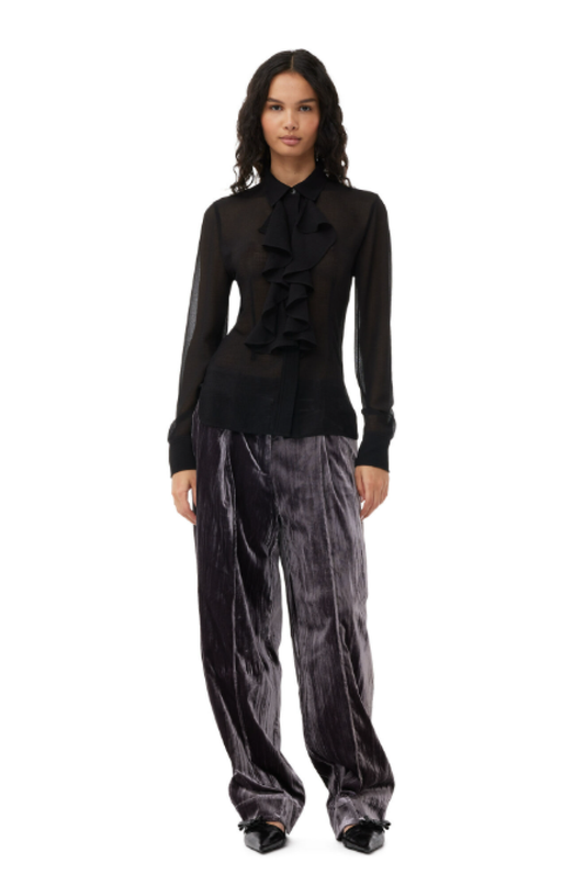 Ganni Velvet Stripe Relaxed Pleated Pants - Phantom