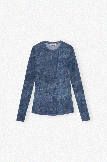 Ganni Printed Mesh Long Sleeve Crew Neck Top - Denim Blue