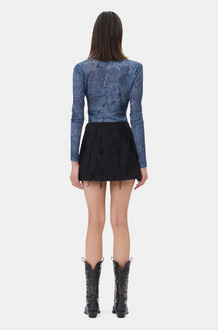 Ganni Printed Mesh Long Sleeve Crew Neck Top - Denim Blue