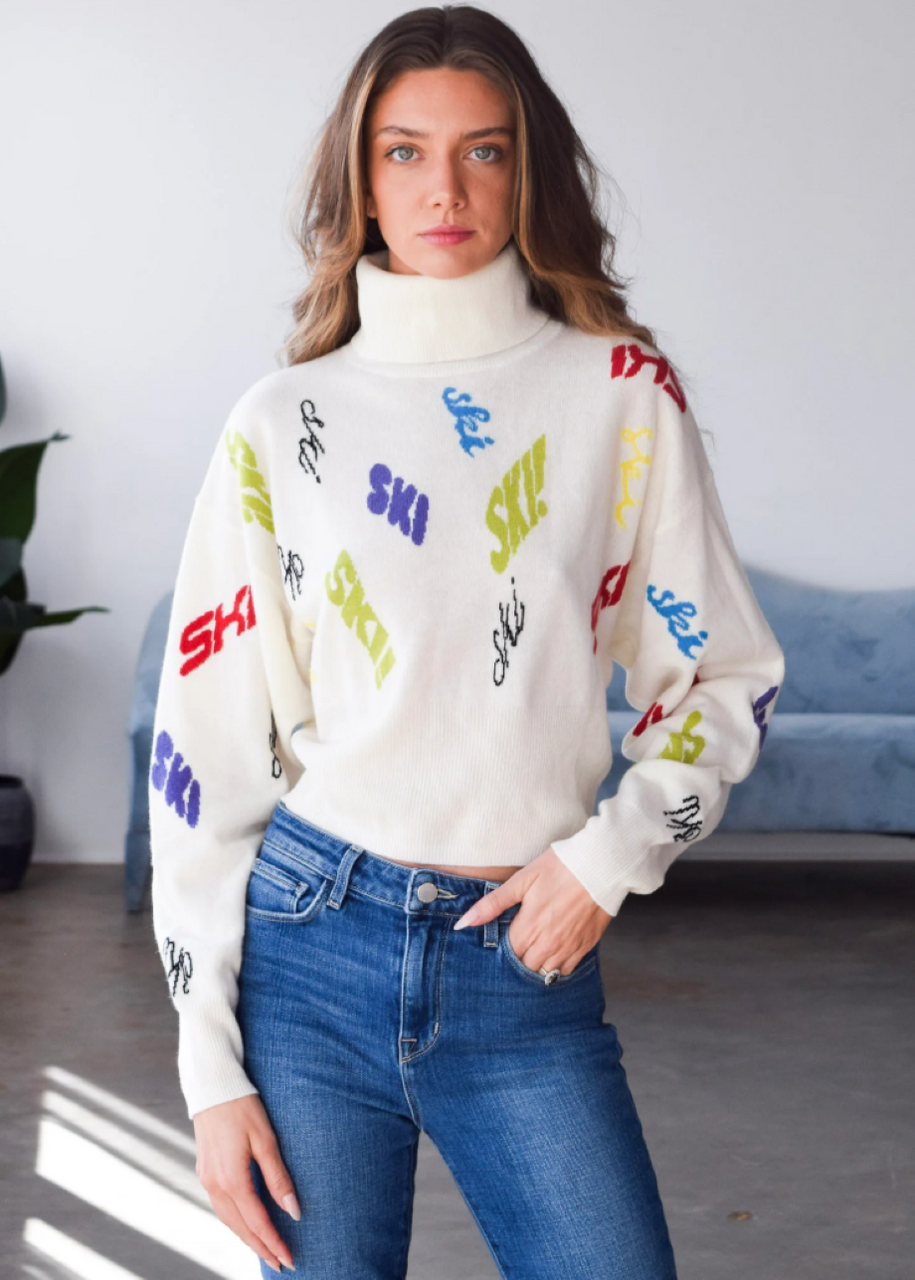 Never a Wallflower Graphic "Ski" Cashmere Turtleneck - Cream