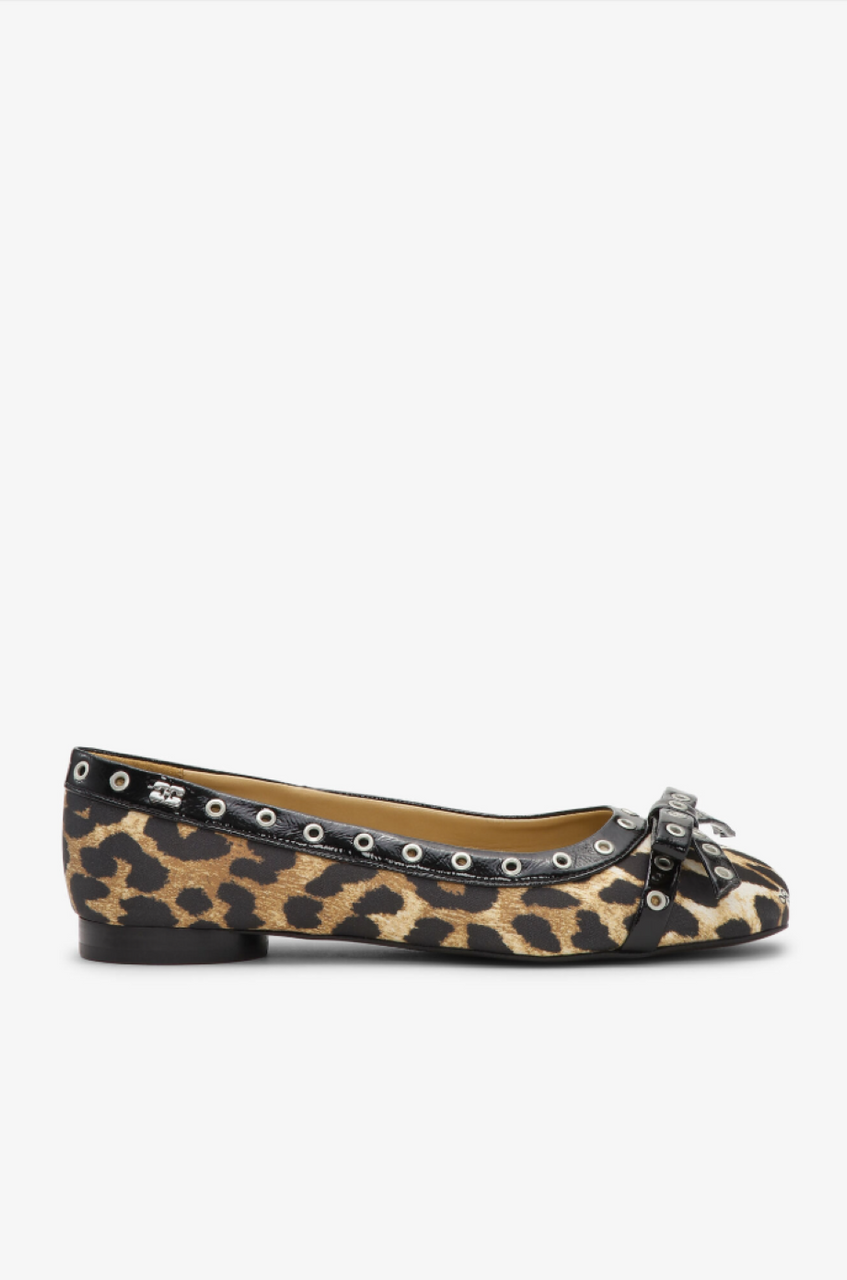 Ganni Leopard Eyelet Bow Ballerinas