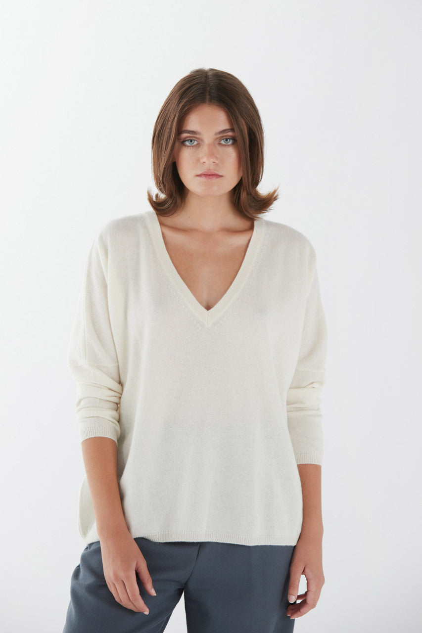 Stone V-Neck Cashmere Sweater - Warm White