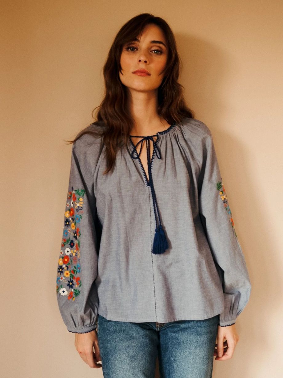 Mille Lara Embroidered Top - Chambray