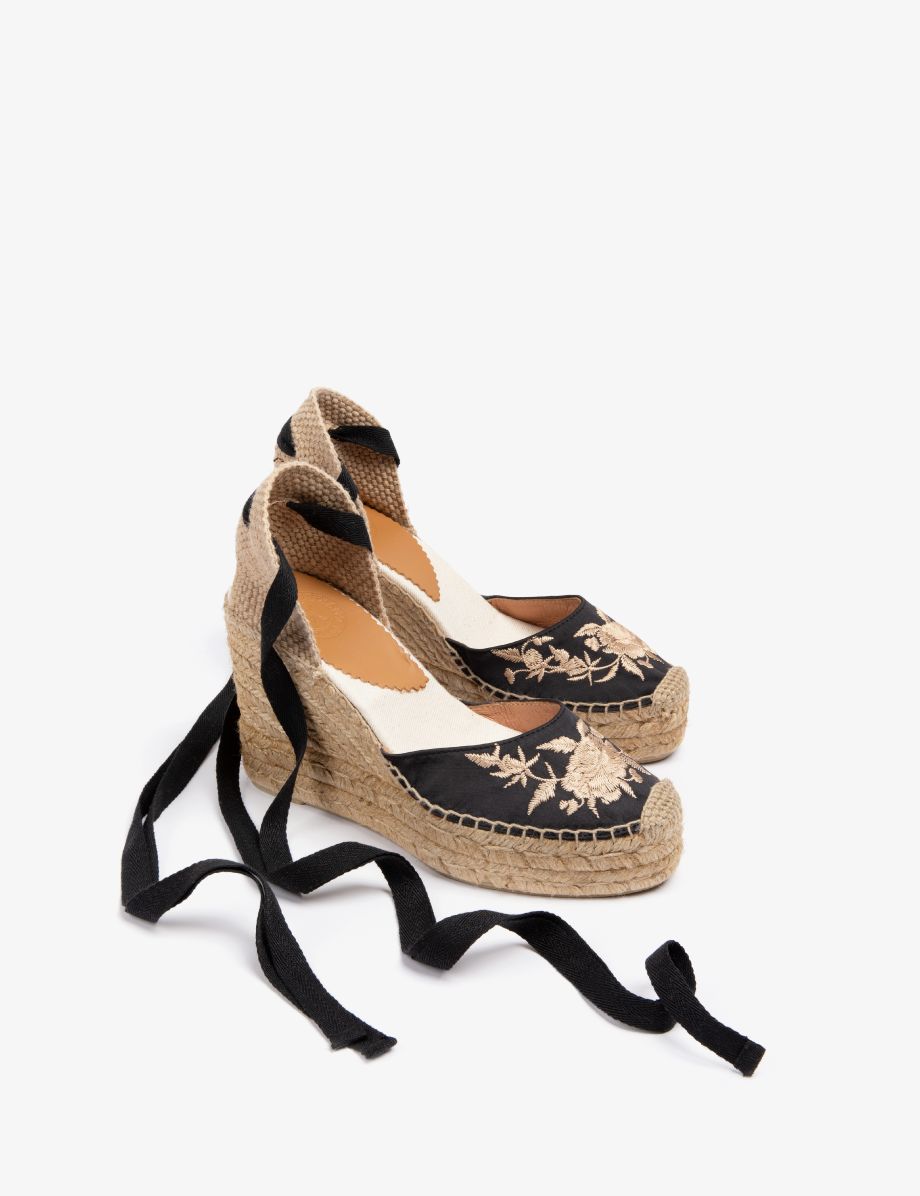 Penelope Chilvers High Gala Embroidered Satin Espadrille - Black