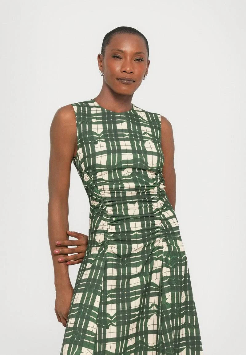 Stine Goya Sleeveless Gathered Midi Dress - Checkered Wave