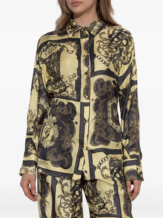 Ganni Printed Silk Twill Long Sleeve Shirt - Popcorn