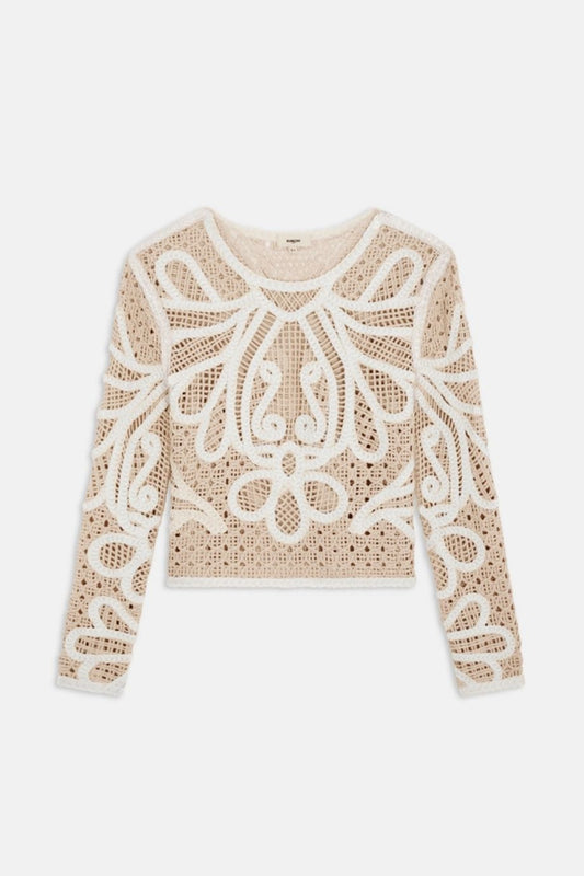 Suncoo Paelini Two-Tone Crochet Top - Cream