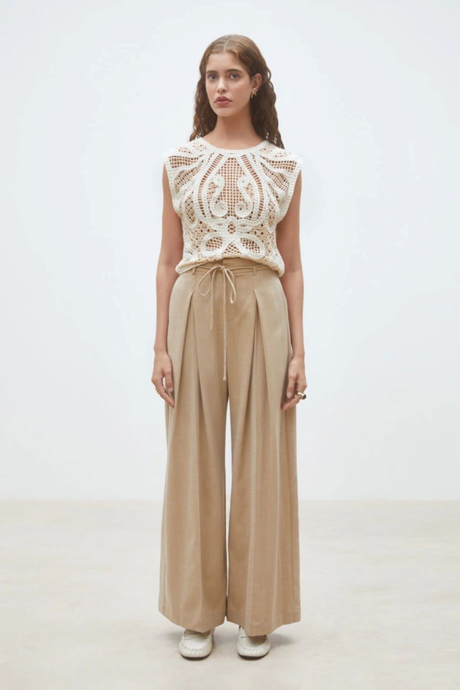 Suncoo Polonia Two-Tone Crochet Top - Cream