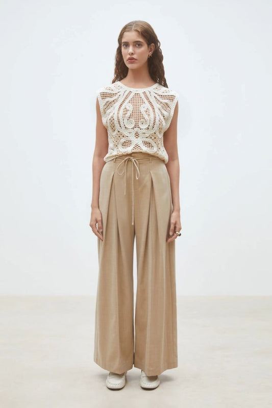 Suncoo Polonia Two-Tone Crochet Top - Cream