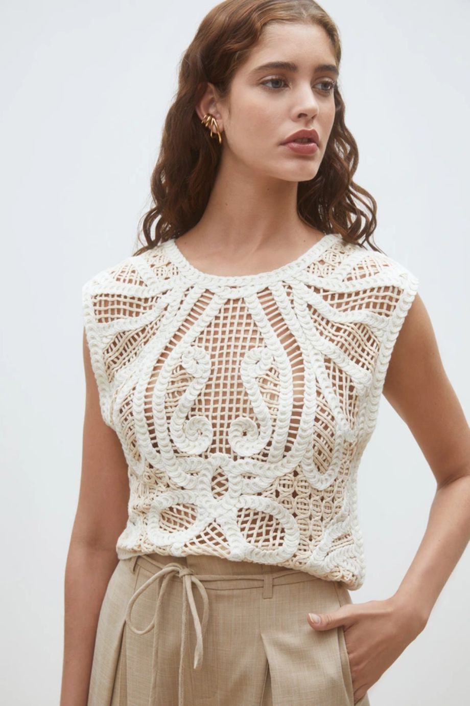 Suncoo Polonia Two-Tone Crochet Top - Cream
