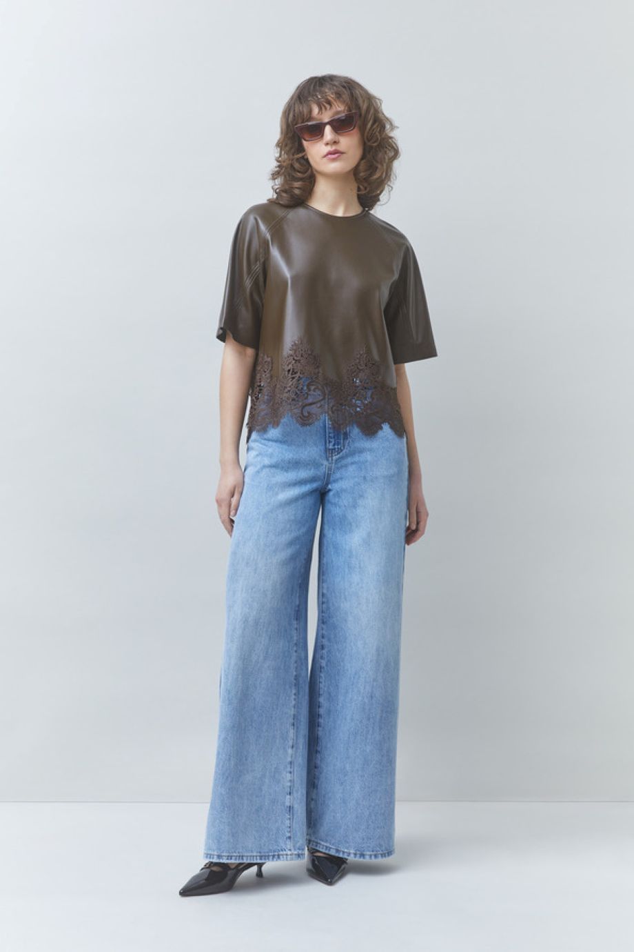 Suncoo London Faux Leather Blouse - Kaki